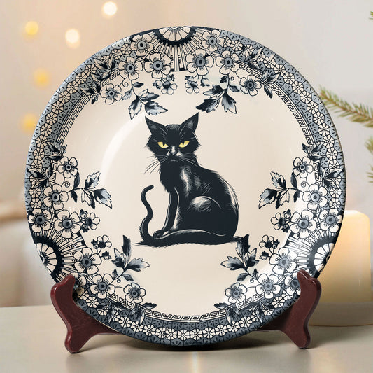 Black Cat Decorative Ceramic Plate – Gothic Vintage Floral Design