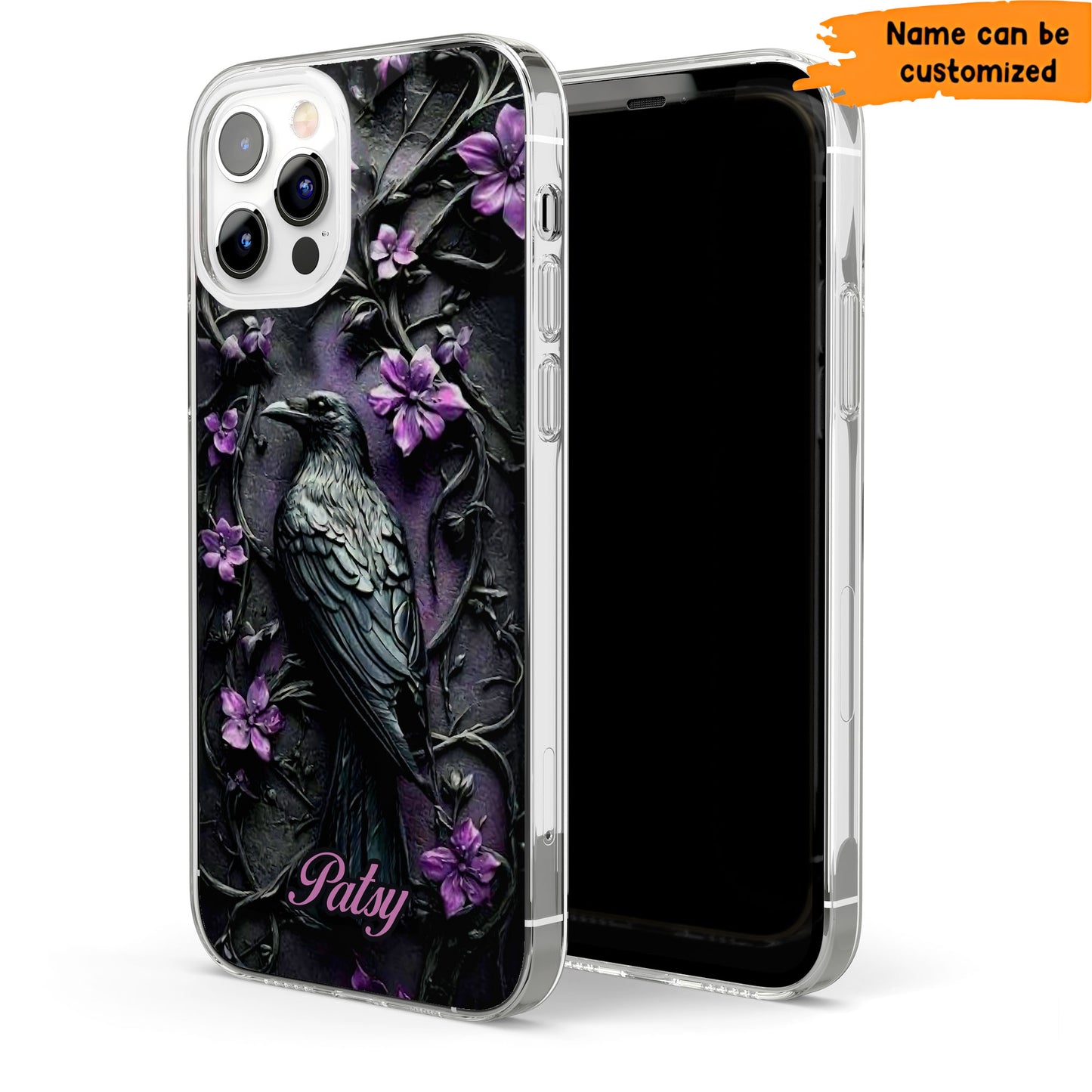 Gothic Raven Phone Case with Purple Flowers - Personalized Clear Phone