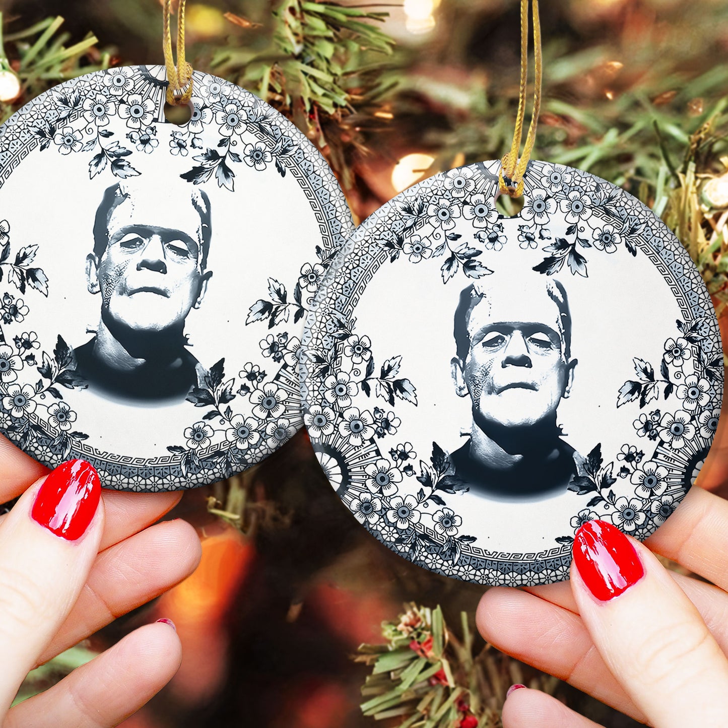 Frankenstein Vintage Floral Christmas Ornament