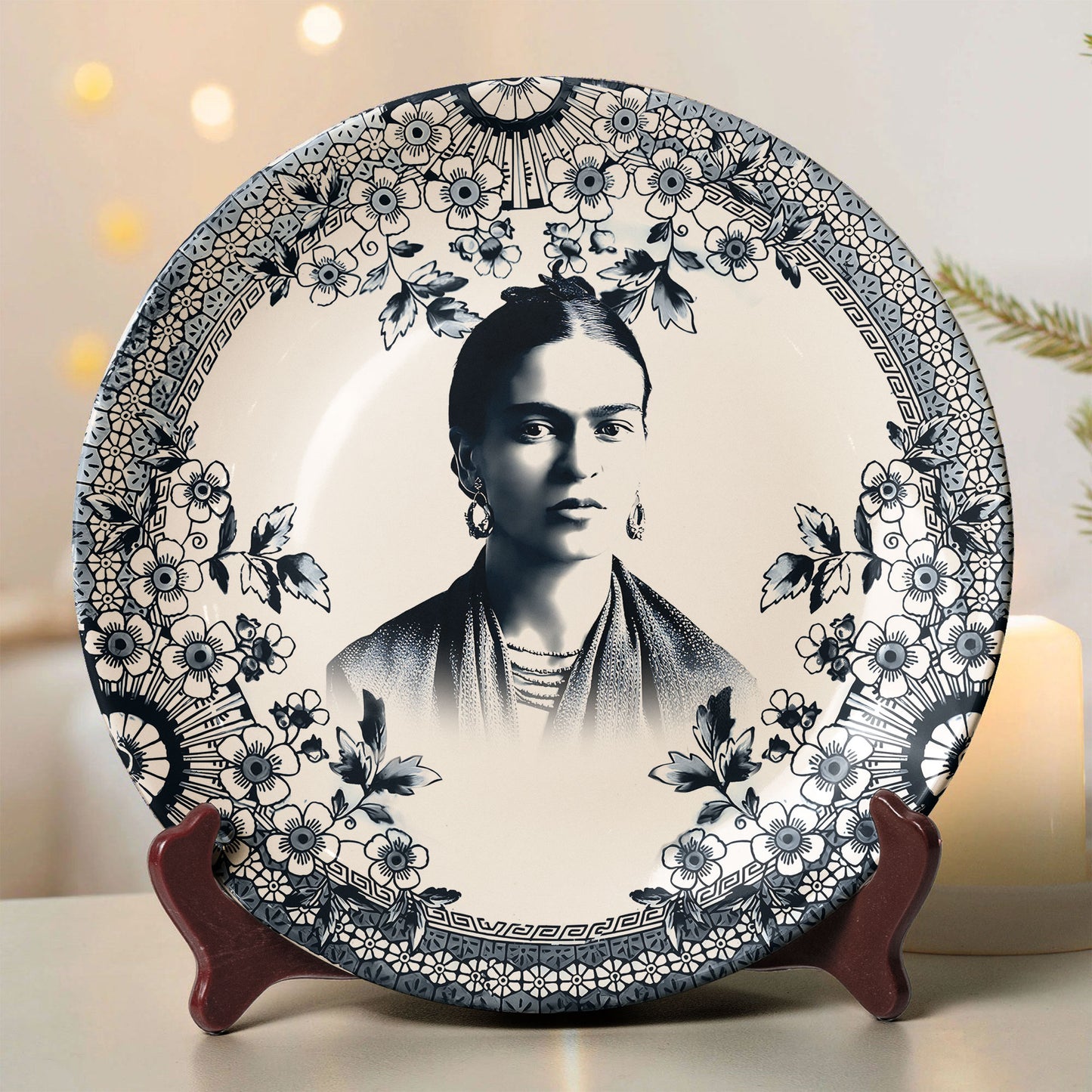 Frida Kahlo Ceramic Plate – Vintage Floral Art Design