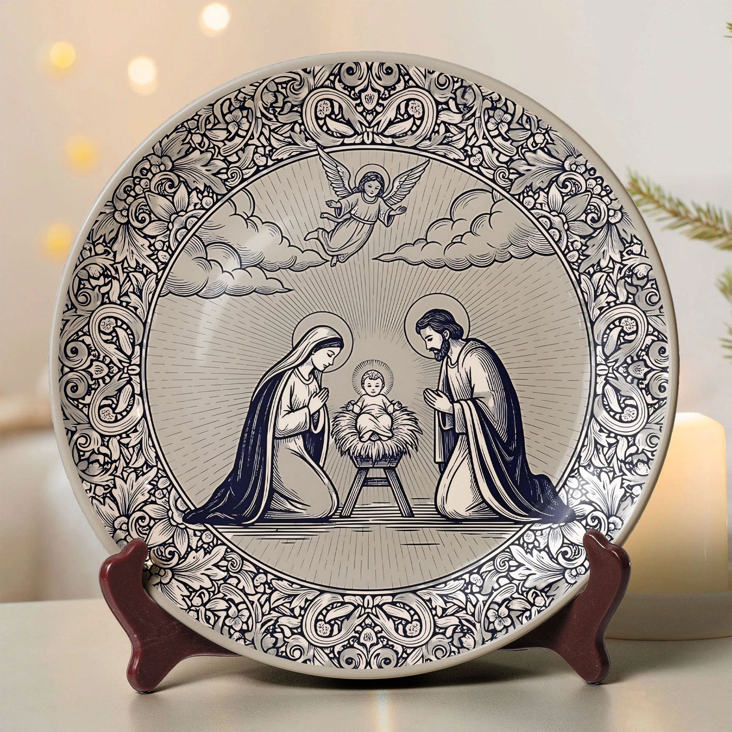 Holy Family Ceramic Plate – Blue & White Nativity Design