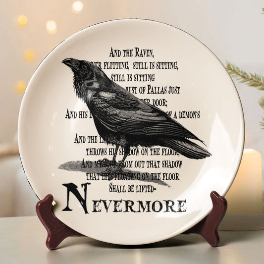 Edgar Allan Poe Raven Ceramic Plate – Nevermore Poetry Decor