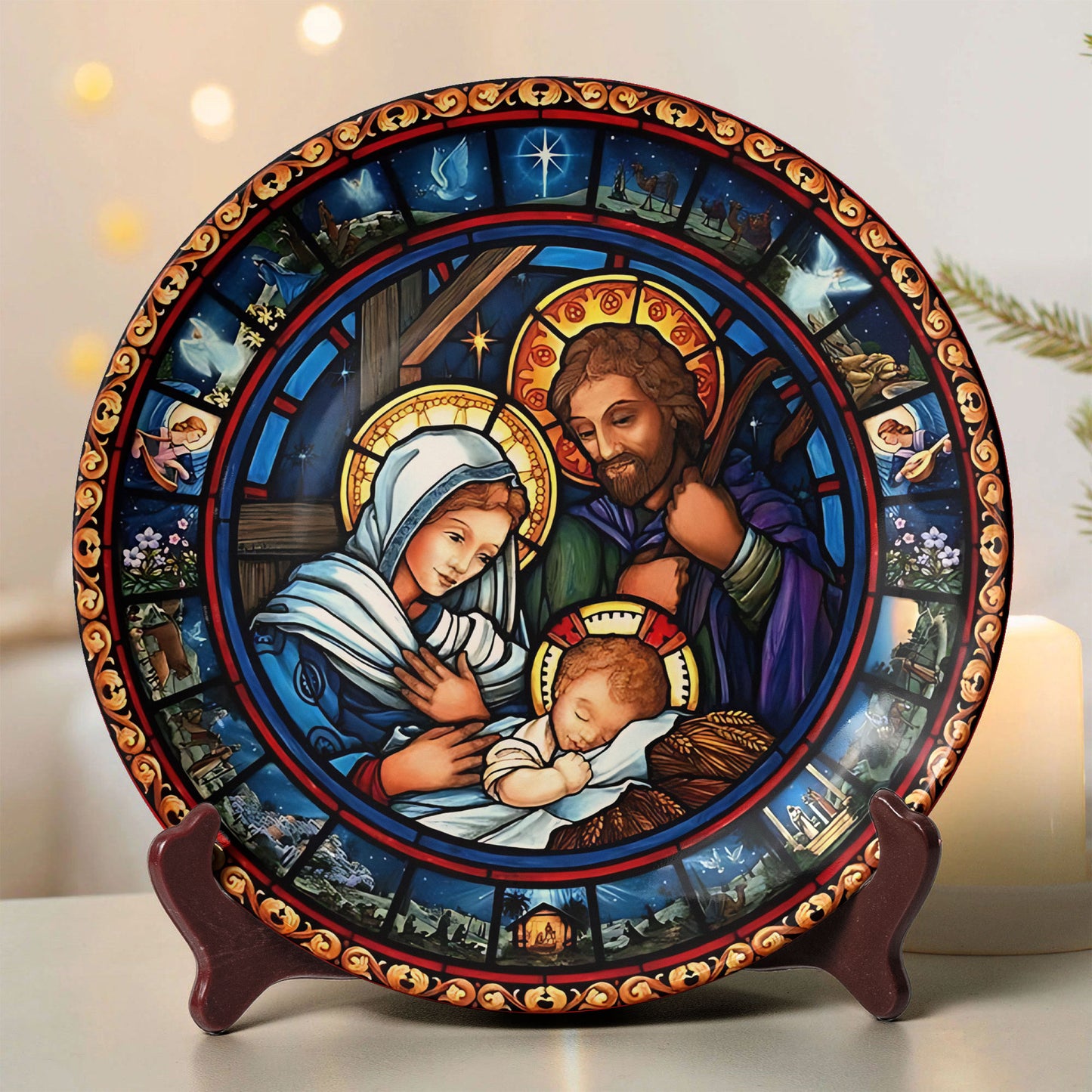 Holy Family Stained Glass Ceramic Plate – Nativity Art Collector’s Edition