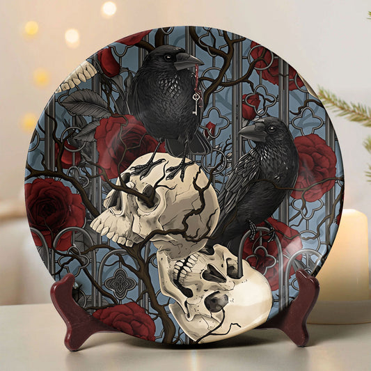 Gothic Raven & Skull Decorative Plate – Dark Romantic Home Accent