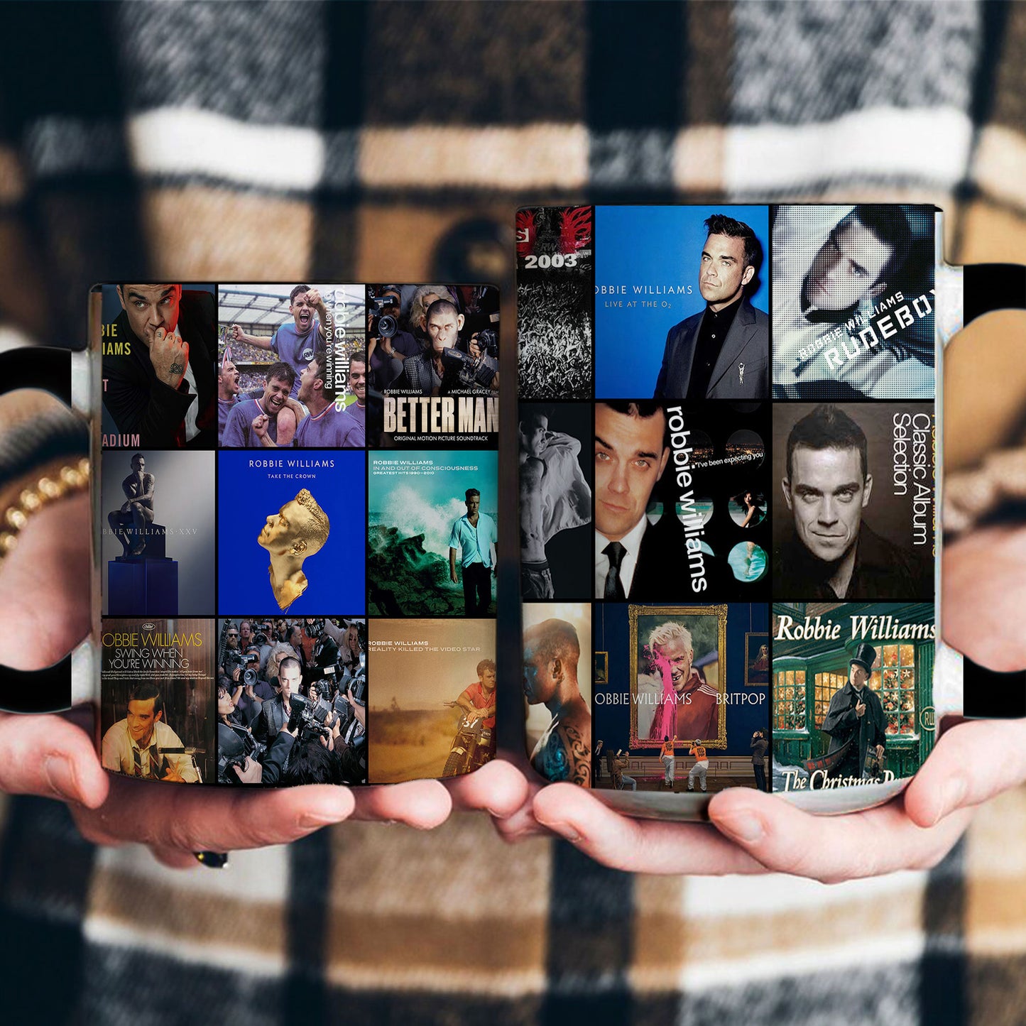 Robbie Williams Accent Mug – Pop Icon Album Cover Collage Gift