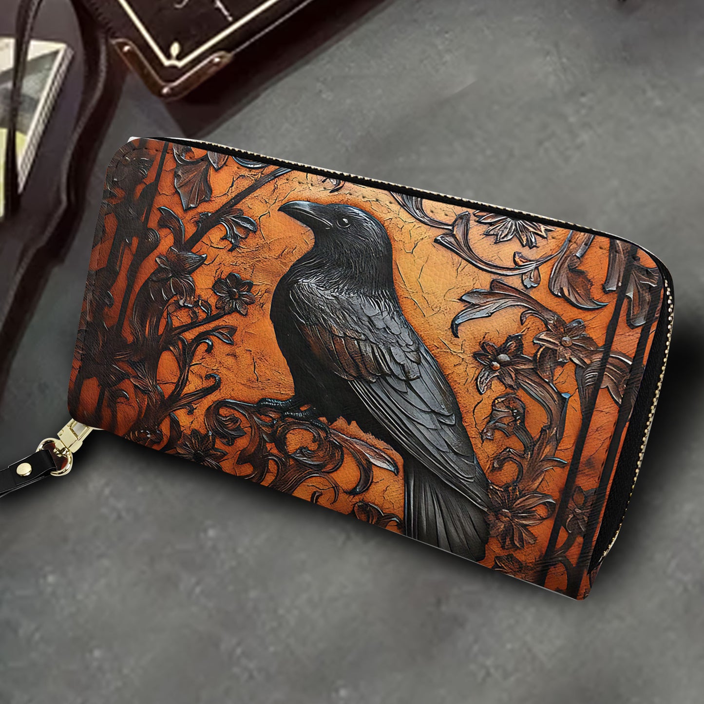 Vintage Gothic Raven Leather Handbag & Wallet Set - Dark Elegance in Gothic Style