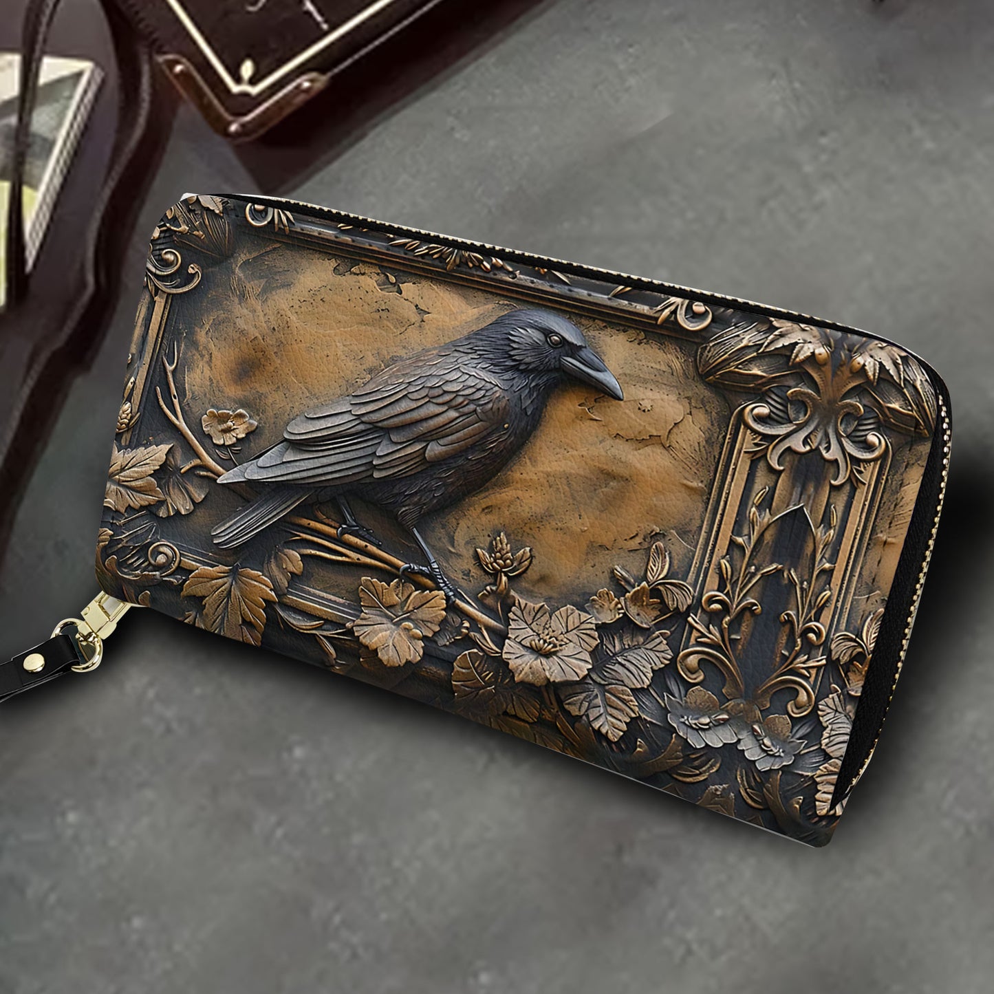 Vintage Gothic Raven Leather Handbag & Wallet Set – Mystical Elegance in Dark Style