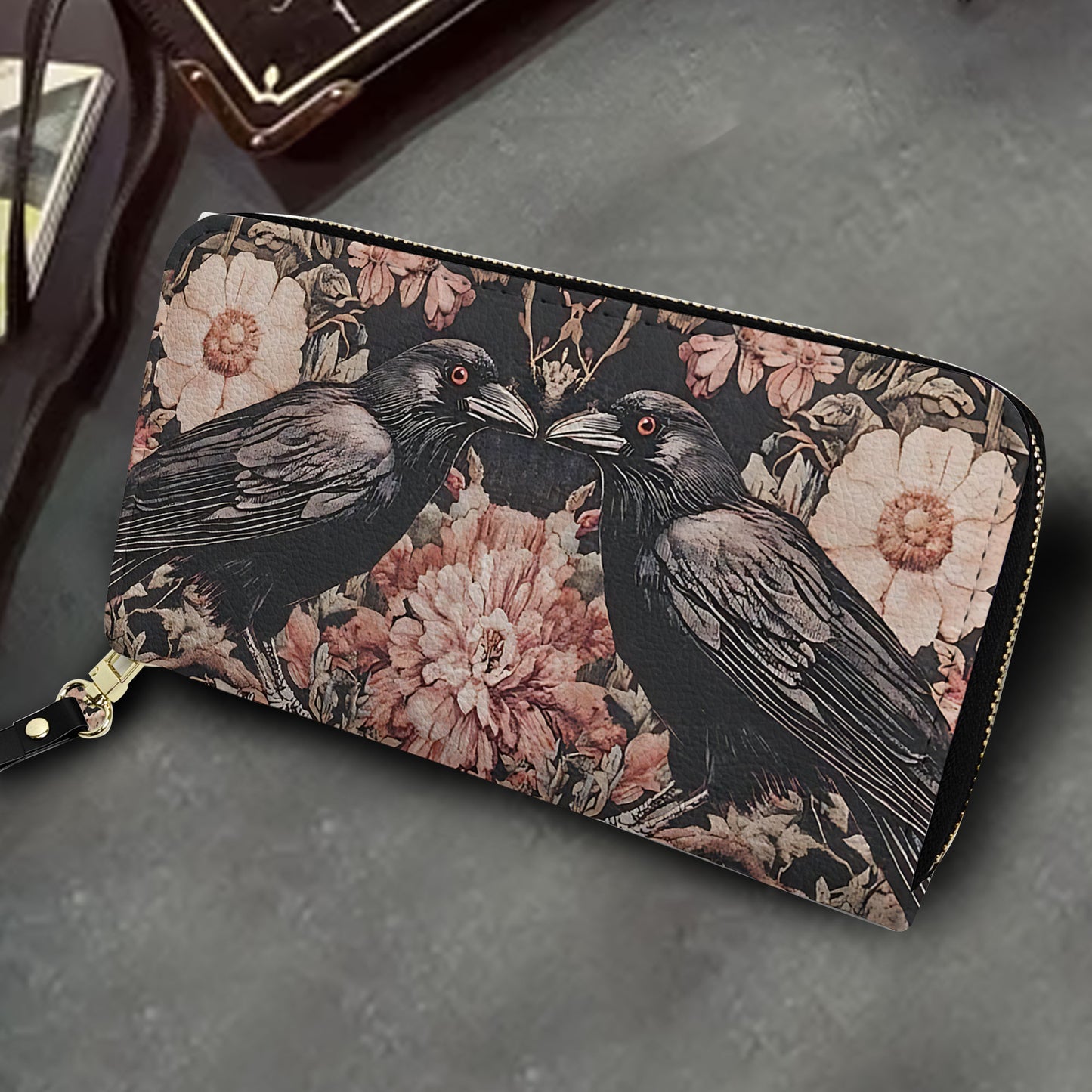 Gothic Raven & Floral Leather Handbag & Wallet Set – Vintage Dark Romance