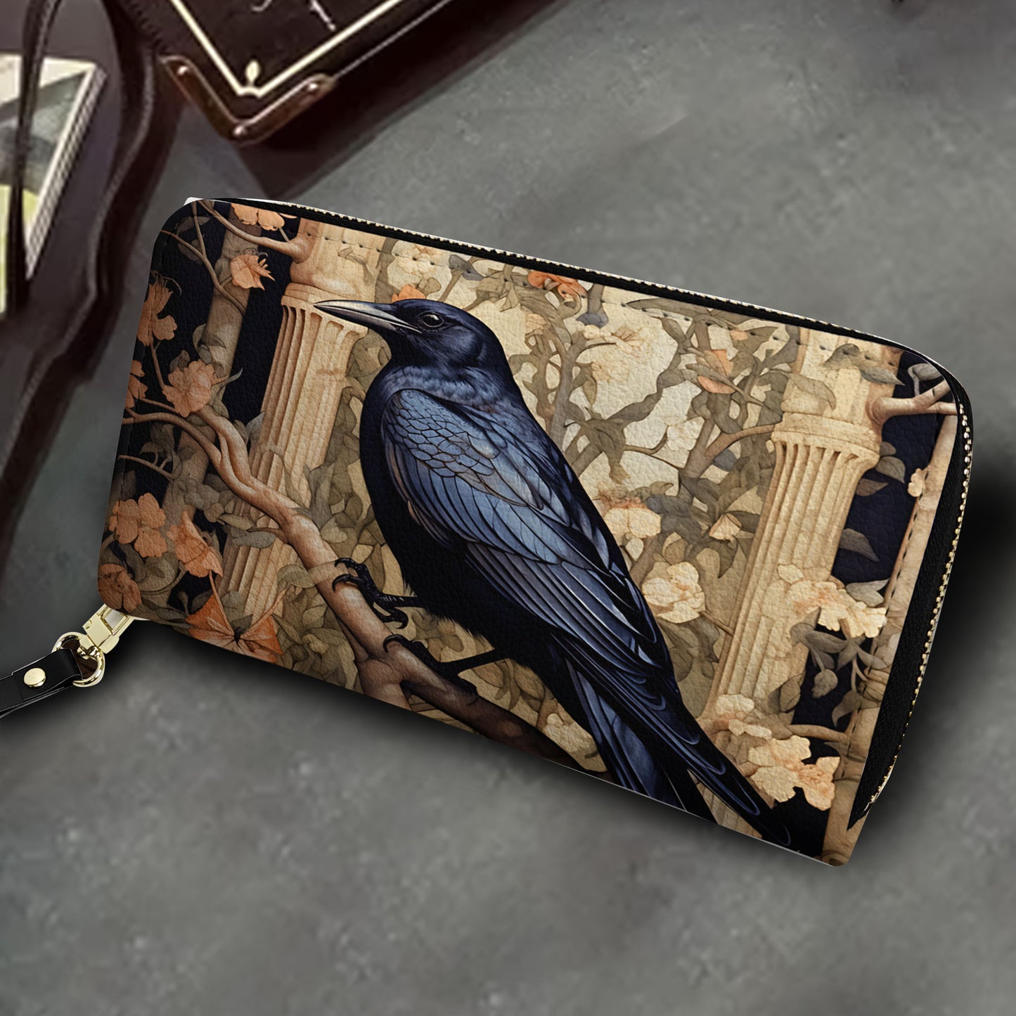 Gothic Raven Laether Handbag with Ancient Ruins Design