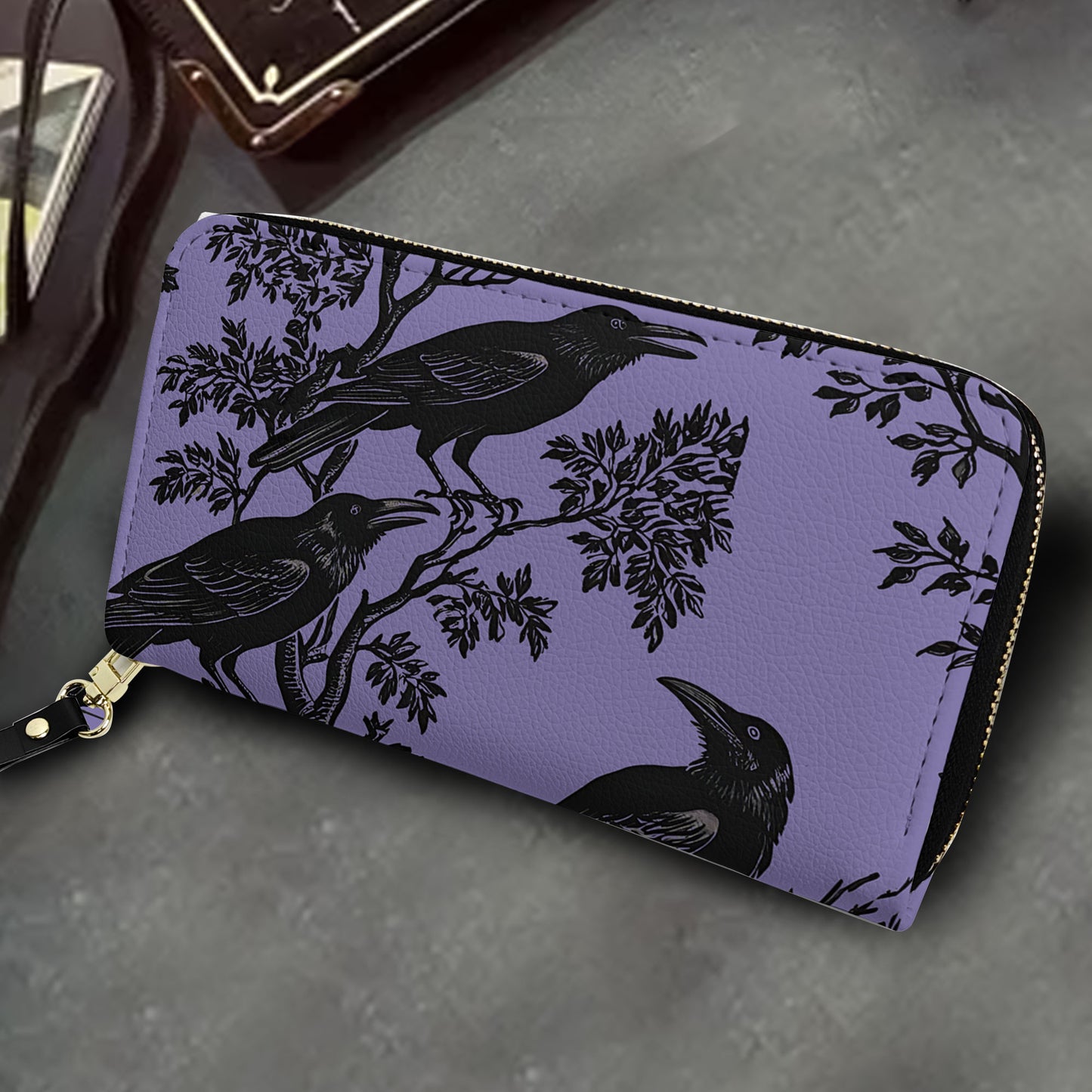 Purple Raven Leather Tote Bag with Matching Wallet – Gothic Aesthetic Handbag Set