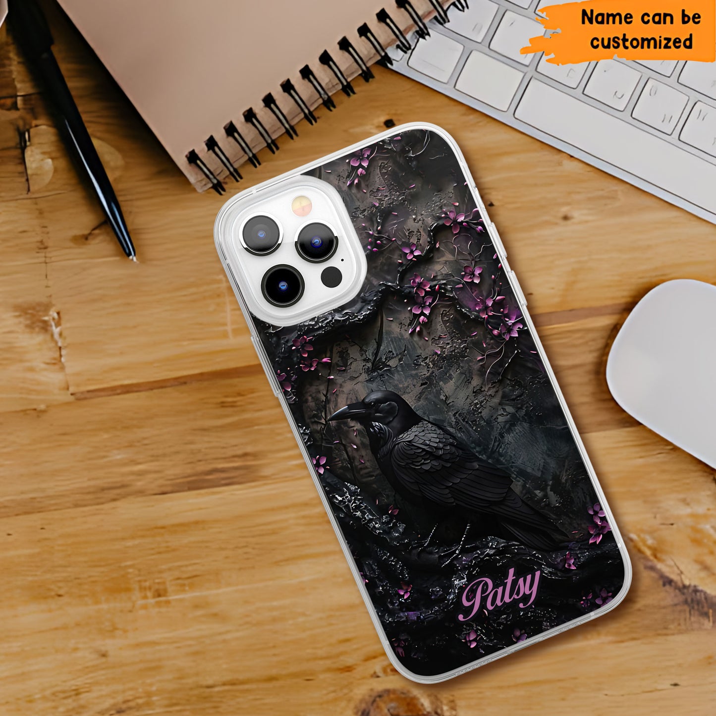 Dark Raven & Gothic Blossom - Personalized Clear Phone