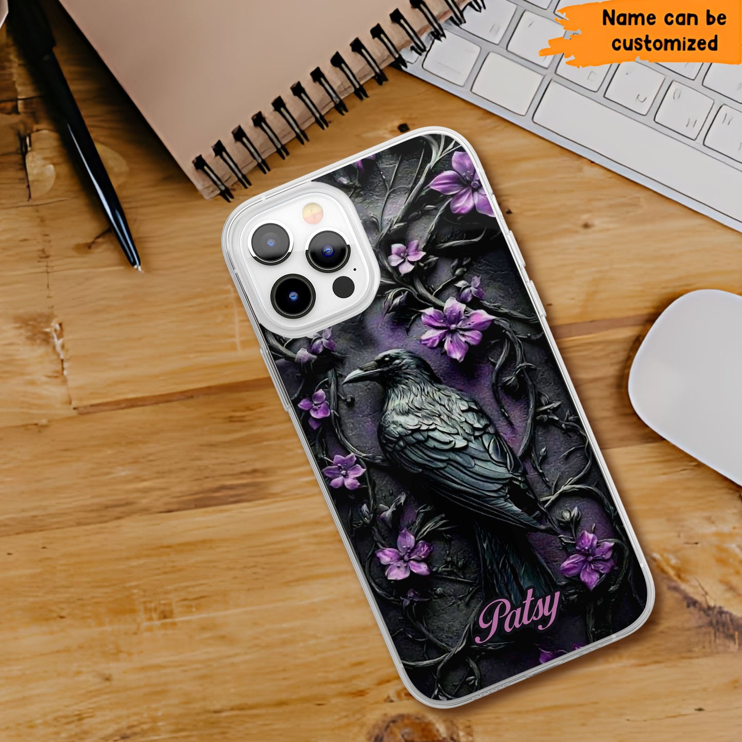 Gothic Raven Phone Case with Purple Flowers - Personalized Clear Phone