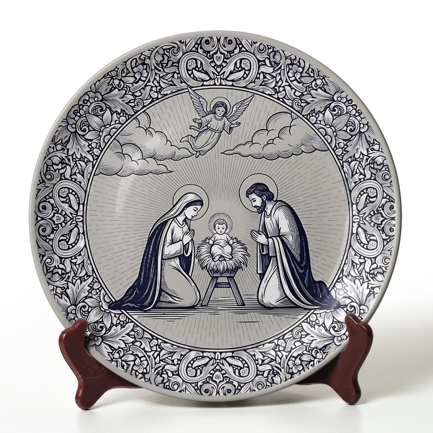 Holy Family Ceramic Plate – Blue & White Nativity Design