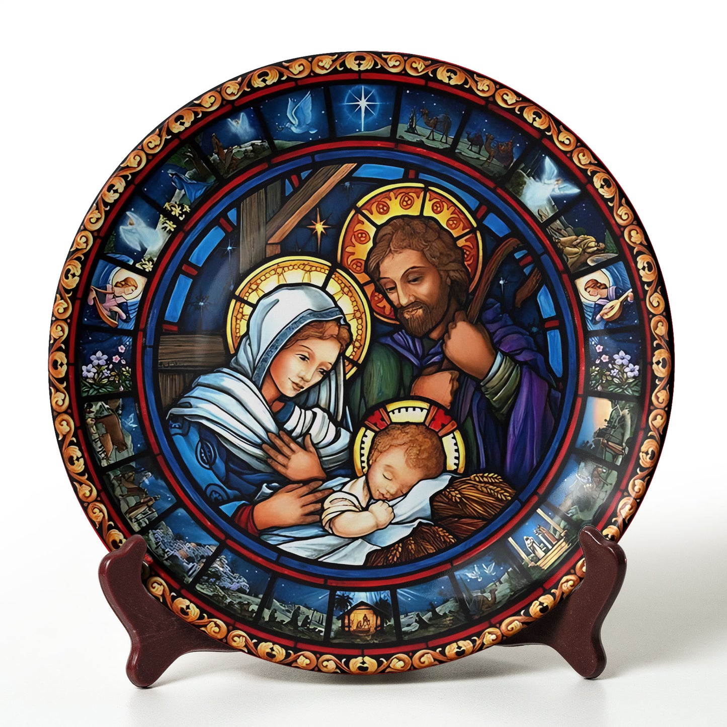 Holy Family Stained Glass Ceramic Plate – Nativity Art Collector’s Edition