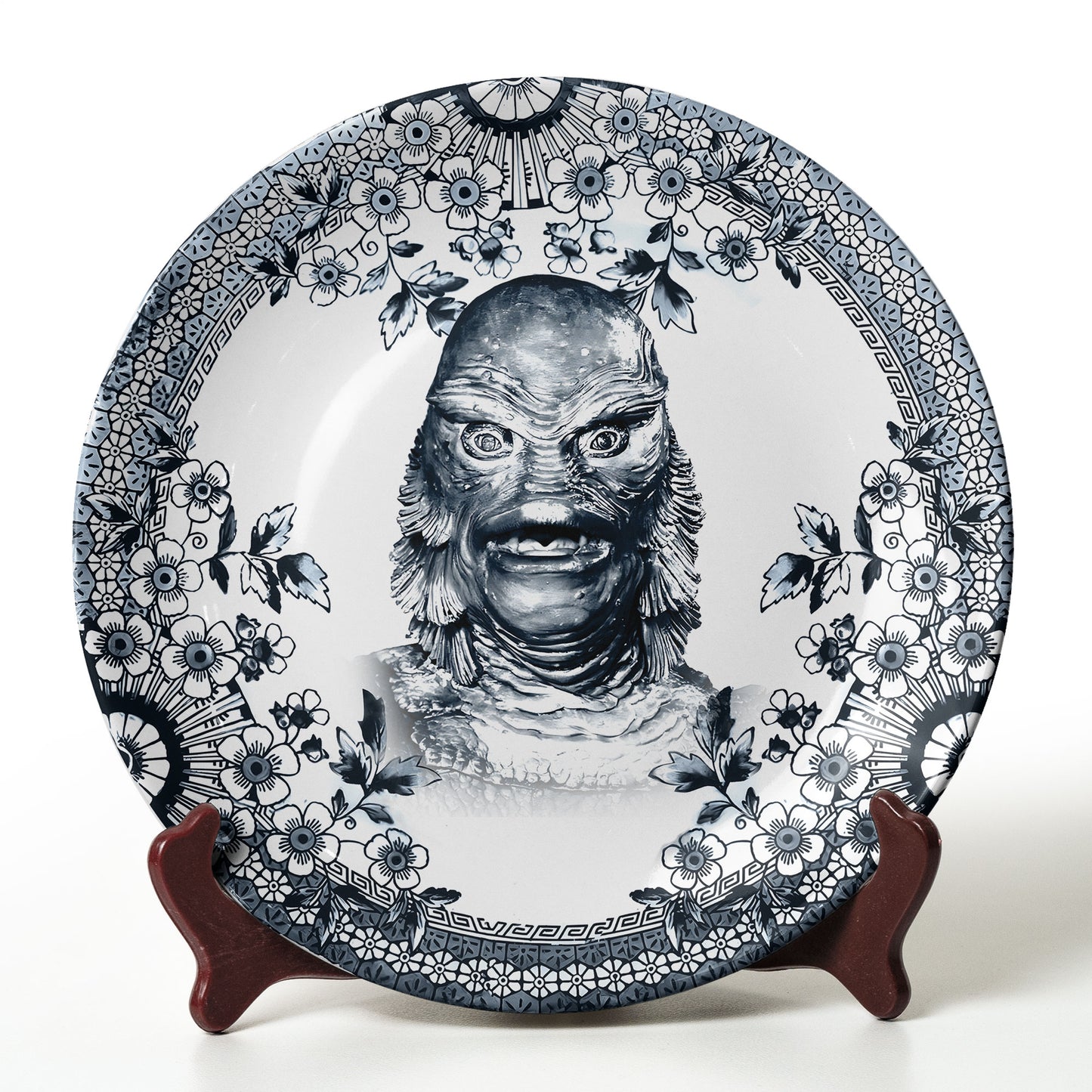 Gill-man Ceramic Plate – Classic Monster Floral Art Design