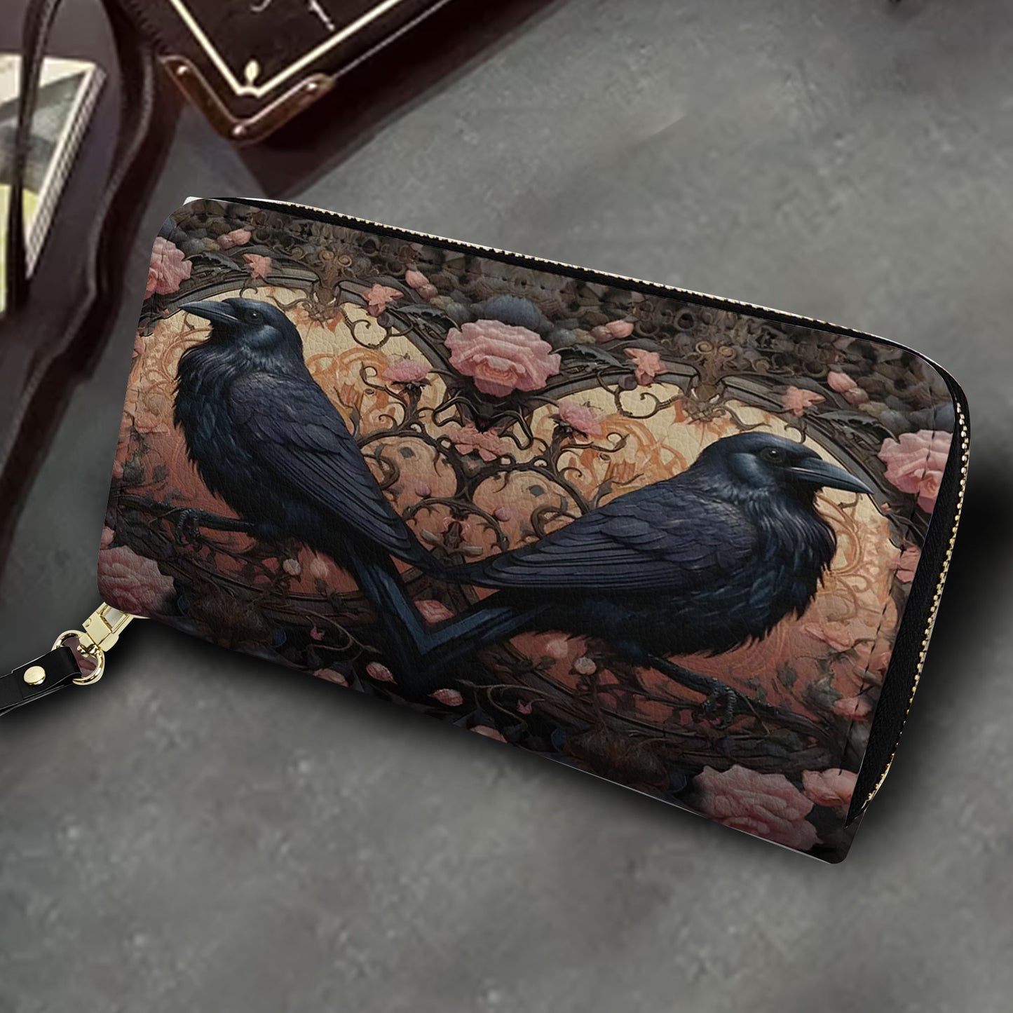 Gothic Raven Roses Leather Handbag & Wallet Set – Dark Romance Elegance