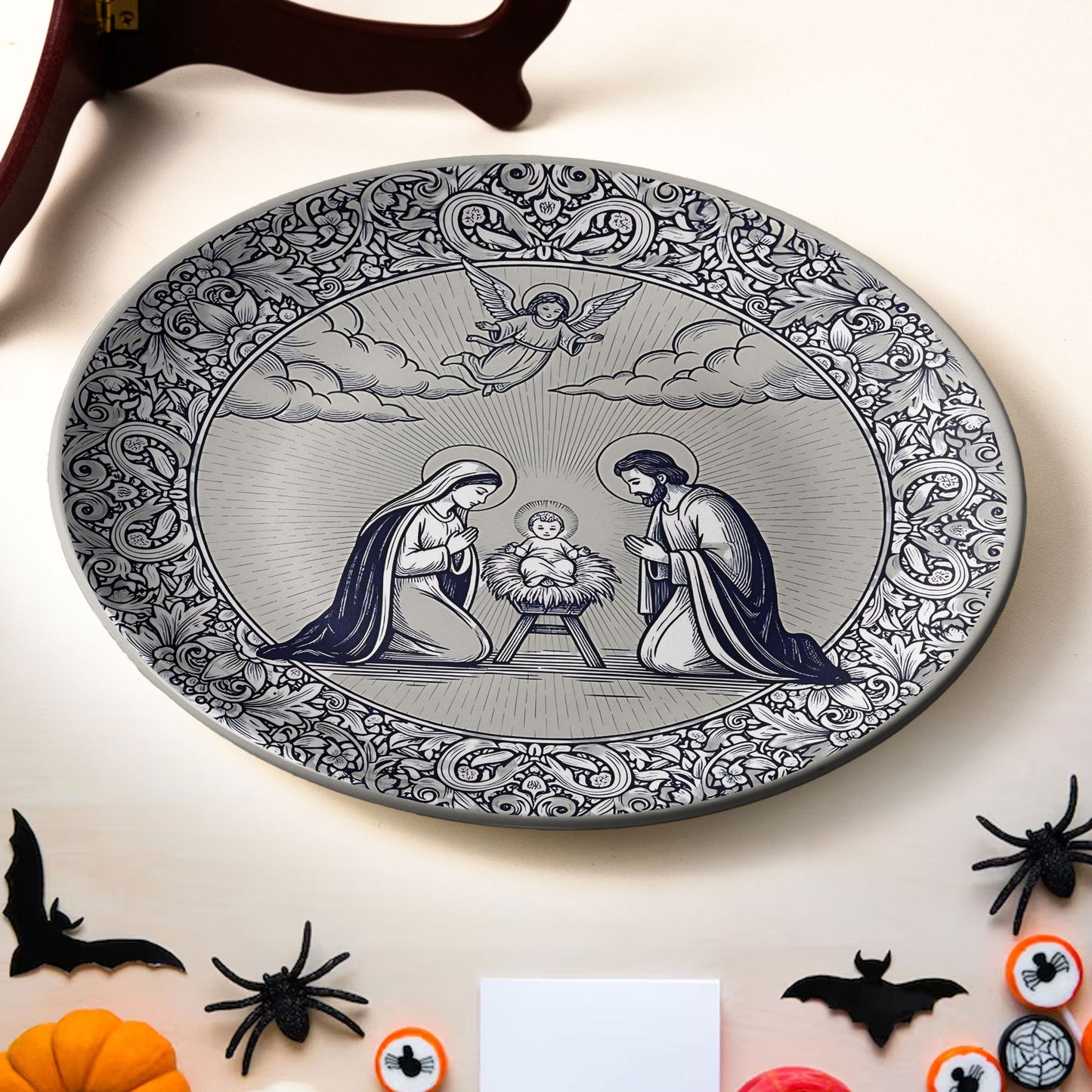 Holy Family Ceramic Plate – Blue & White Nativity Design