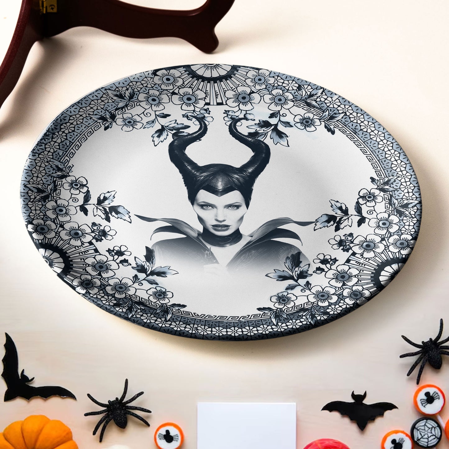 Maleficent Ceramic Plate – Dark Fantasy Floral Art