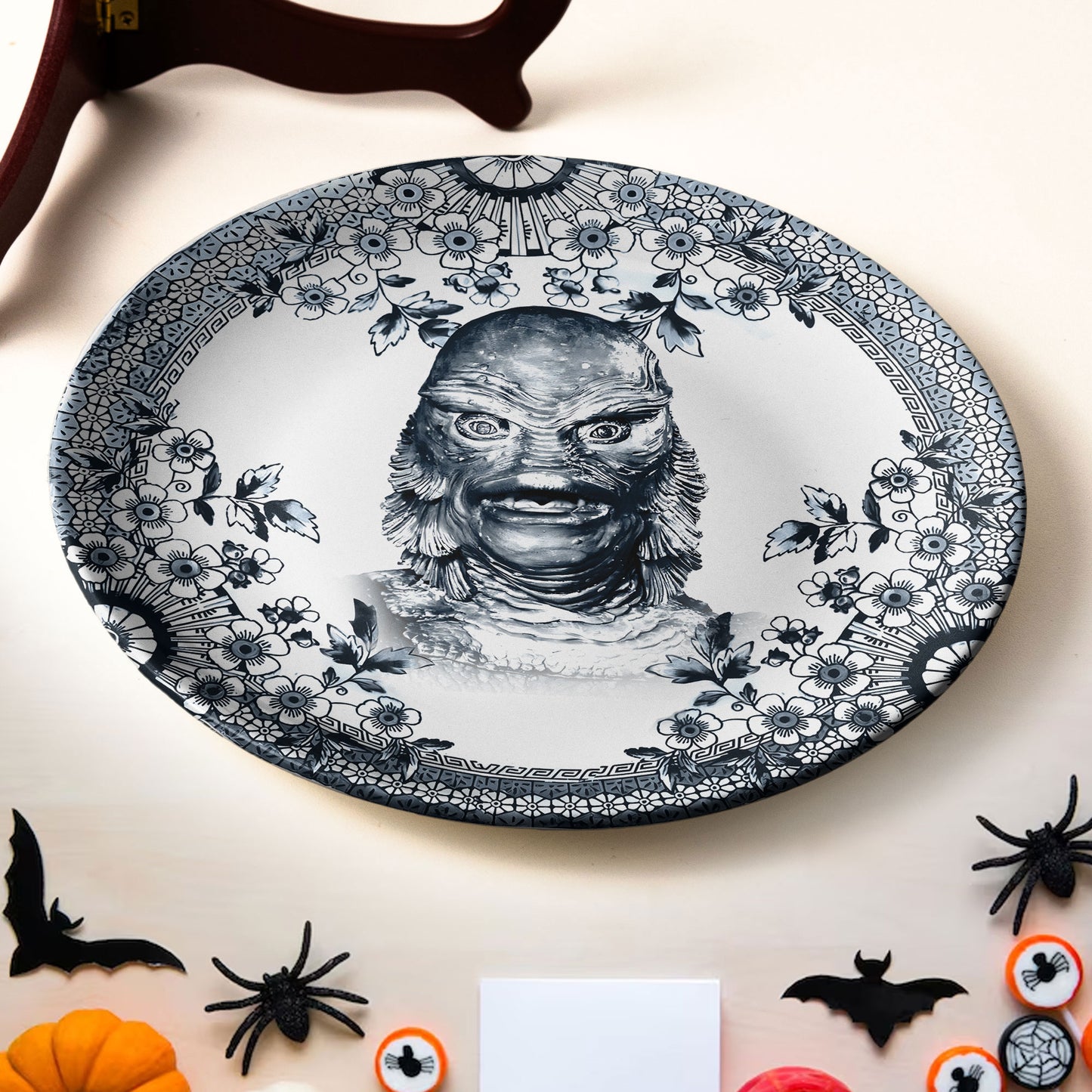 Gill-man Ceramic Plate – Classic Monster Floral Art Design
