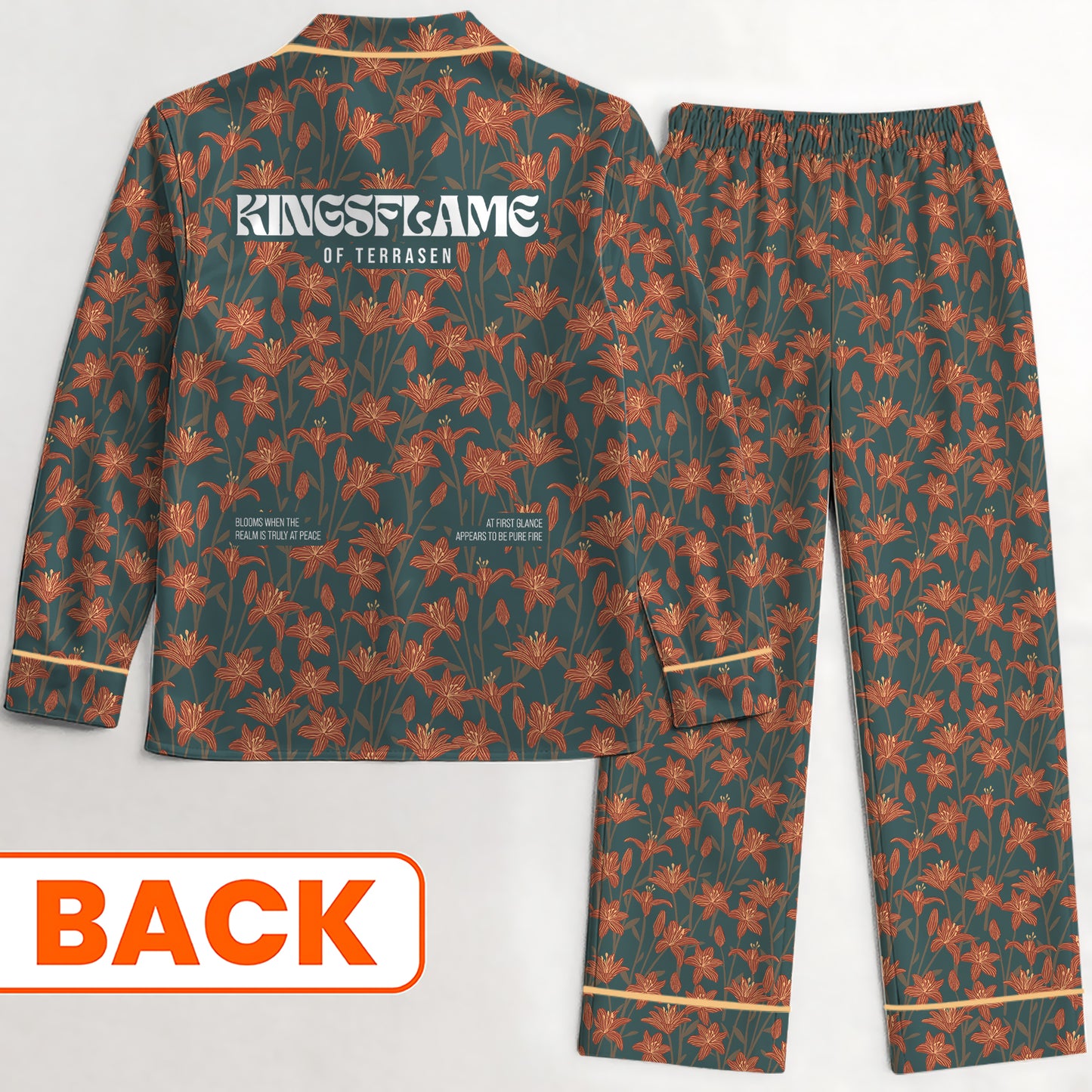 Kingsflame of Terrasen Satin Pajama Set – Blooming with Fire and Peace