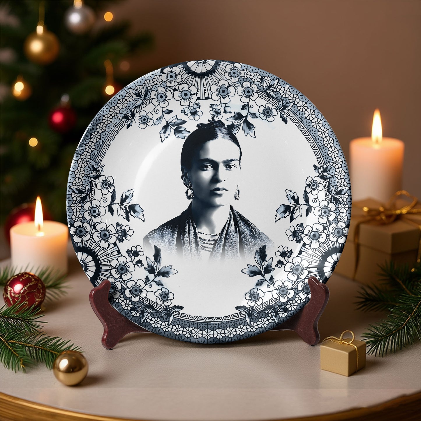 Frida Kahlo Ceramic Plate – Vintage Floral Art Design