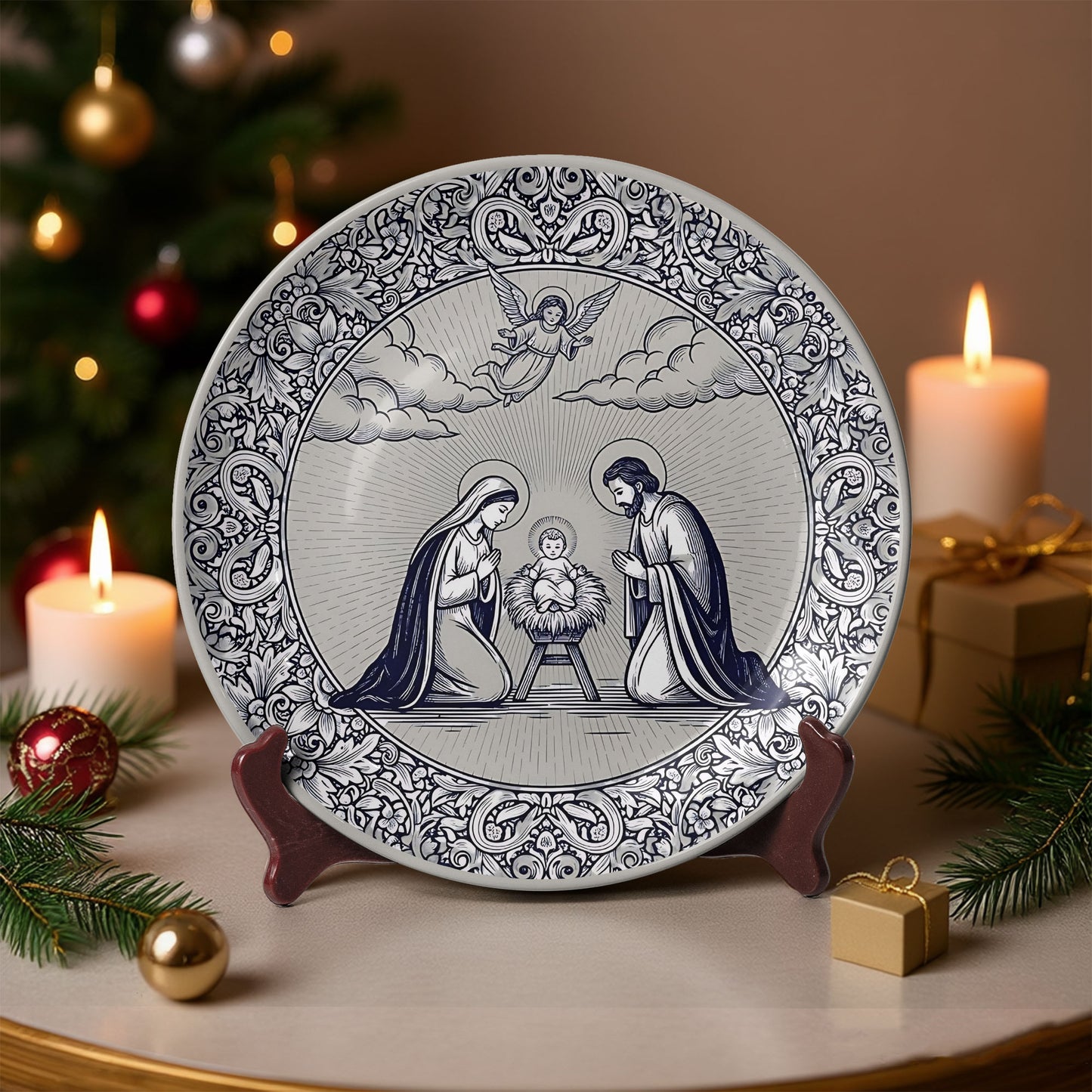 Holy Family Ceramic Plate – Blue & White Nativity Design