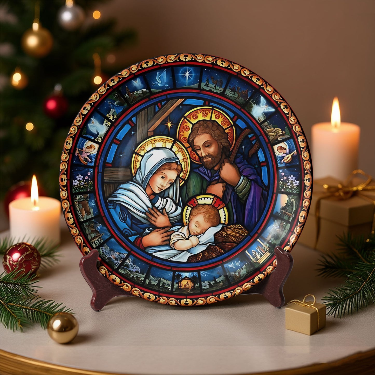 Holy Family Stained Glass Ceramic Plate – Nativity Art Collector’s Edition