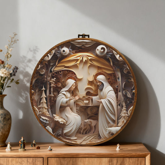 Holy Family Nativity Framed Round Wall Art – Paper Sculpture Style Christmas Décor