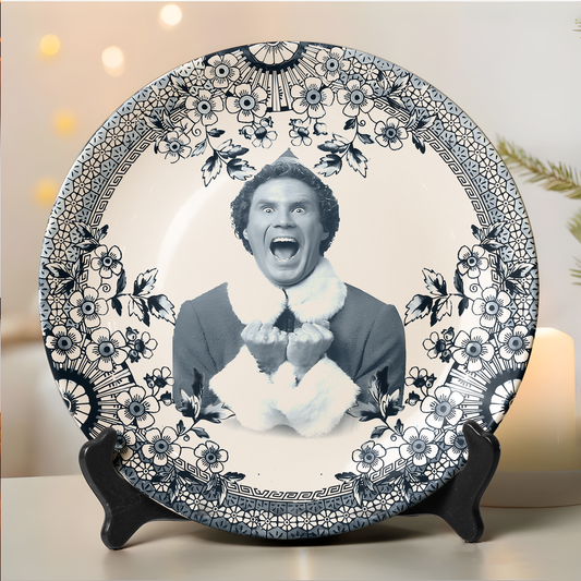 Elf Decorative Ceramic Plate – Vintage Blue Floral Holiday Edition