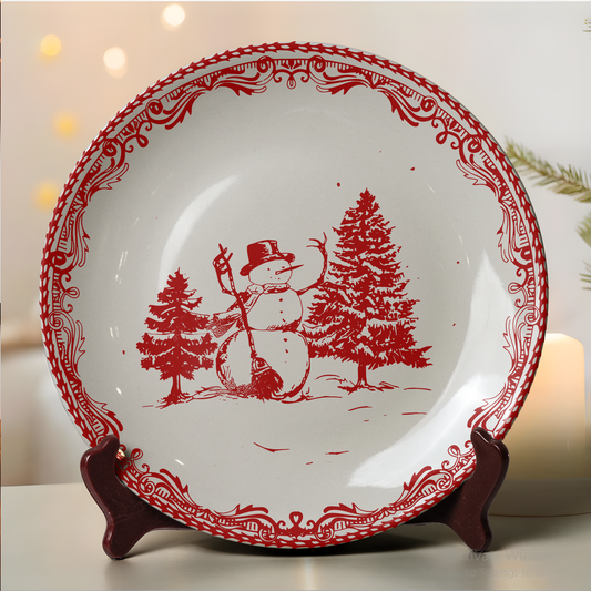 Festive Snowman & Christmas Tree Decorative Ceramic Plate
