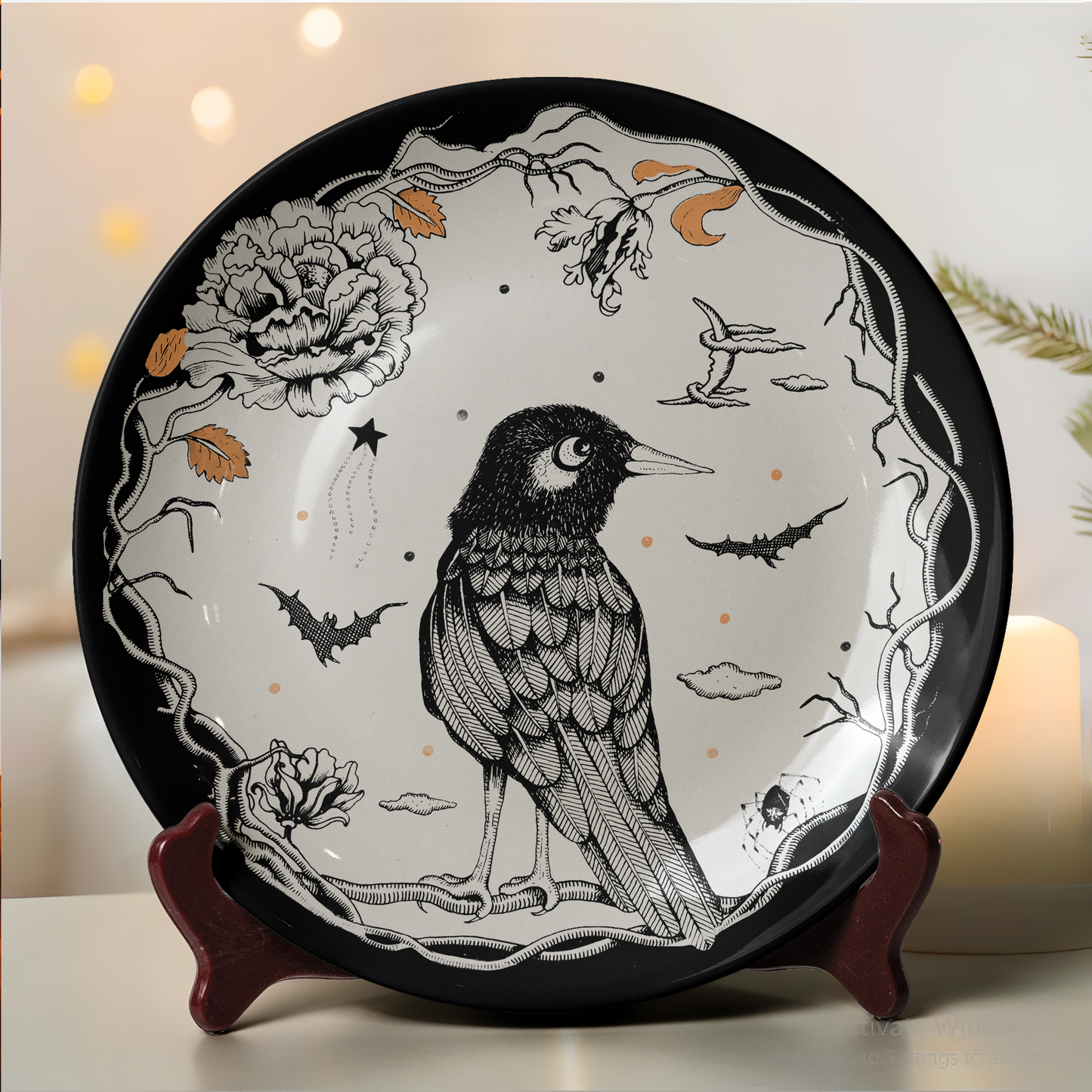 Mystic Raven Decorative Ceramic Plate – Gothic Nature & Moonlit Design