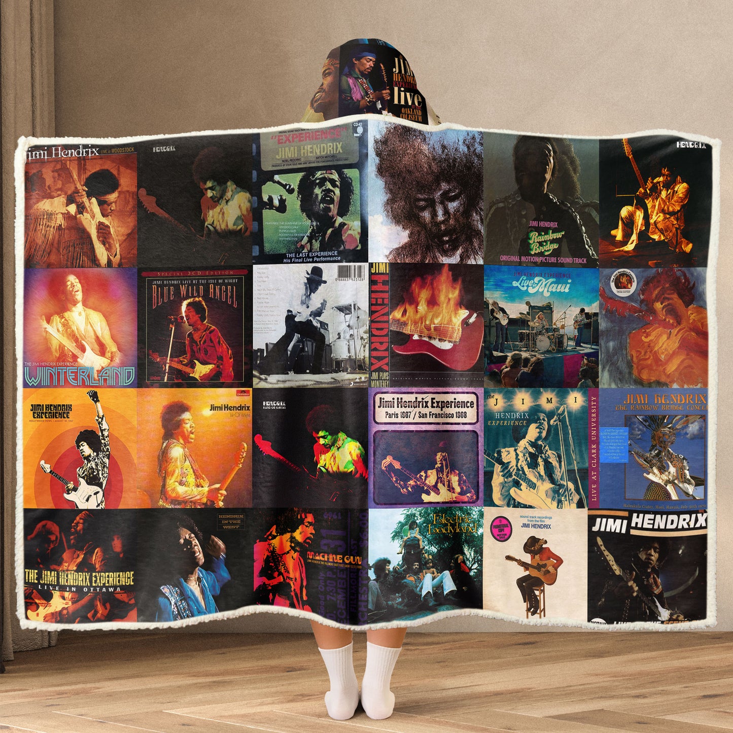 Jimi Hendrix Wearable Hooded Blanket – Iconic Album Cover Collage Gift