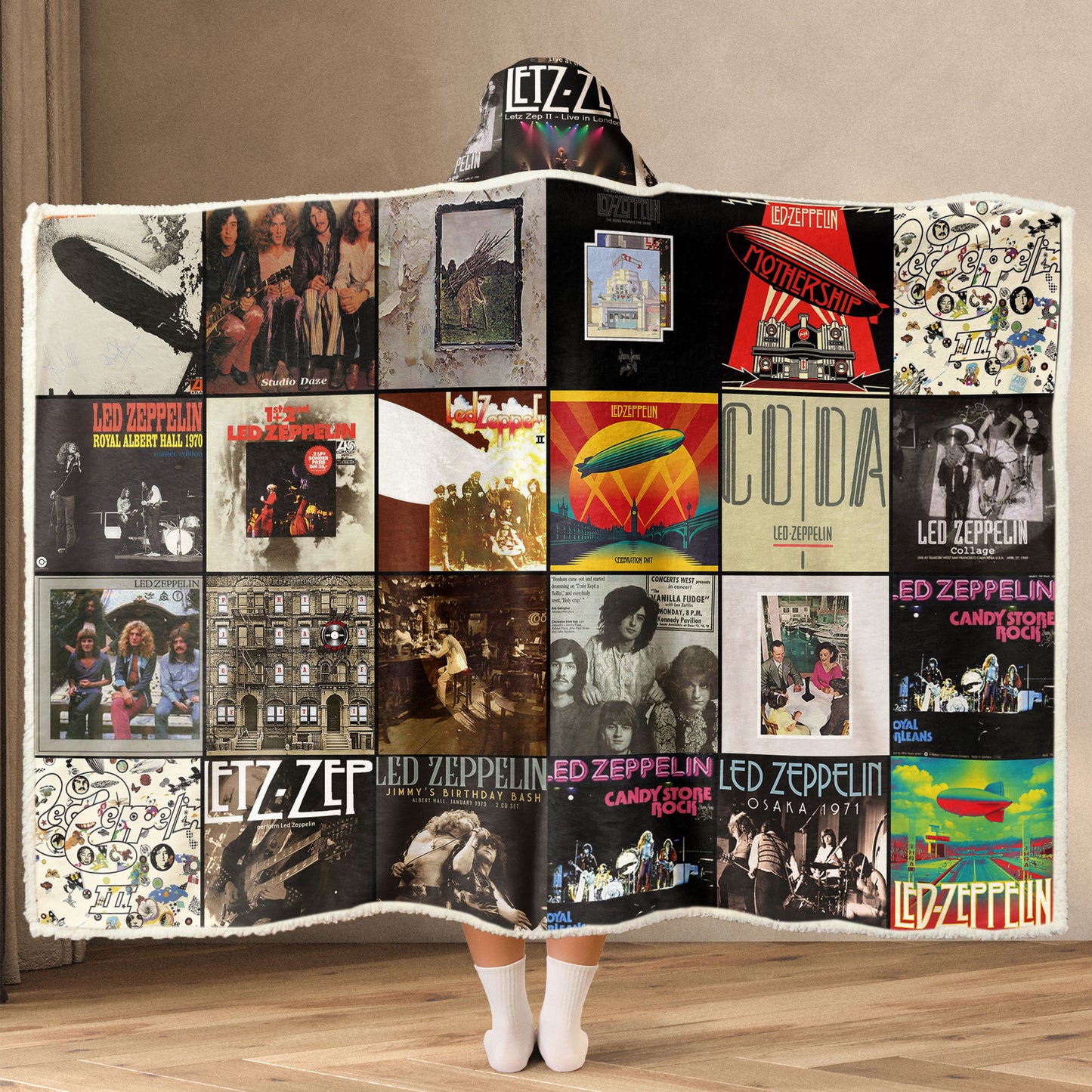 Led Zeppelin Wearable Hooded Blanket – Classic Album Cover Collage Gift