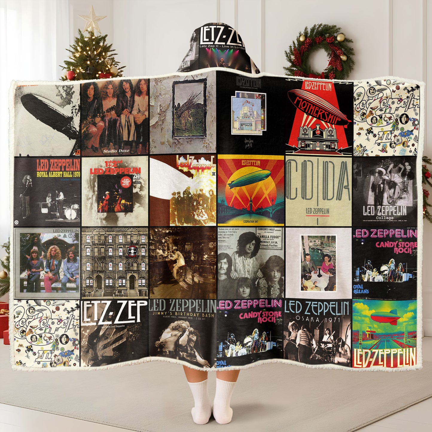 Led Zeppelin Wearable Hooded Blanket – Classic Album Cover Collage Gift