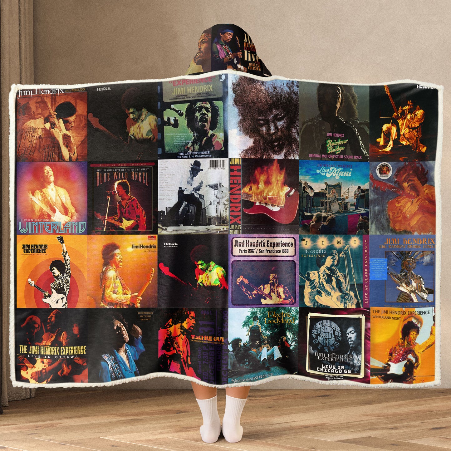 Jimi Hendrix Albums Wearable Hooded Blanket – Vintage Rock & Roll Tribute