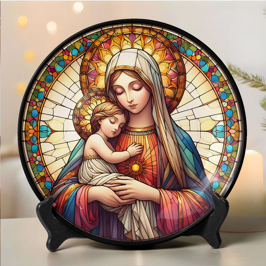 Virgin Mary and Child Stained Glass Art Ceramic Plate