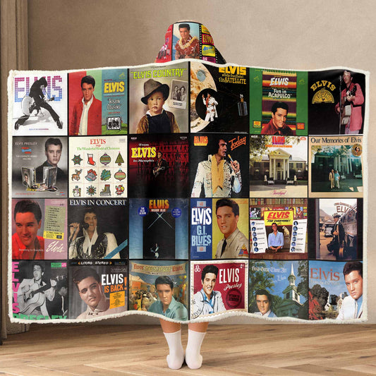 Elvis Presley Album Collage Wearable Hooded Blanket – Retro Rock ‘n’ Roll Cozy Throw for Fans
