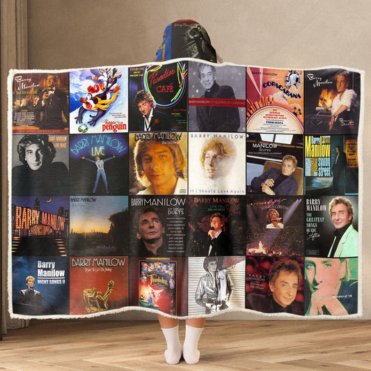 Barry Manilow Album Collage Wearable Hooded Blanket – Cozy Retro Music Fan Gift