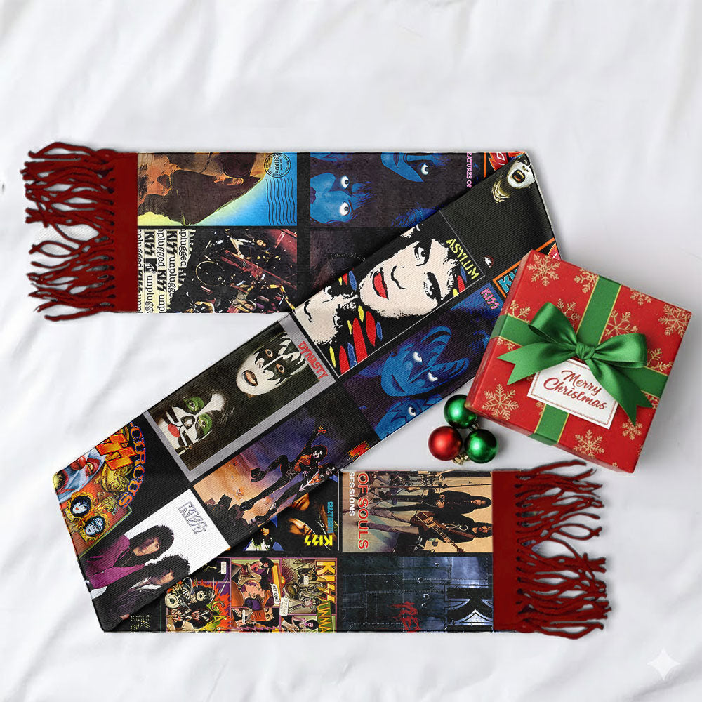 KISS Album Collage Scarf – Retro Rock Fan Gift