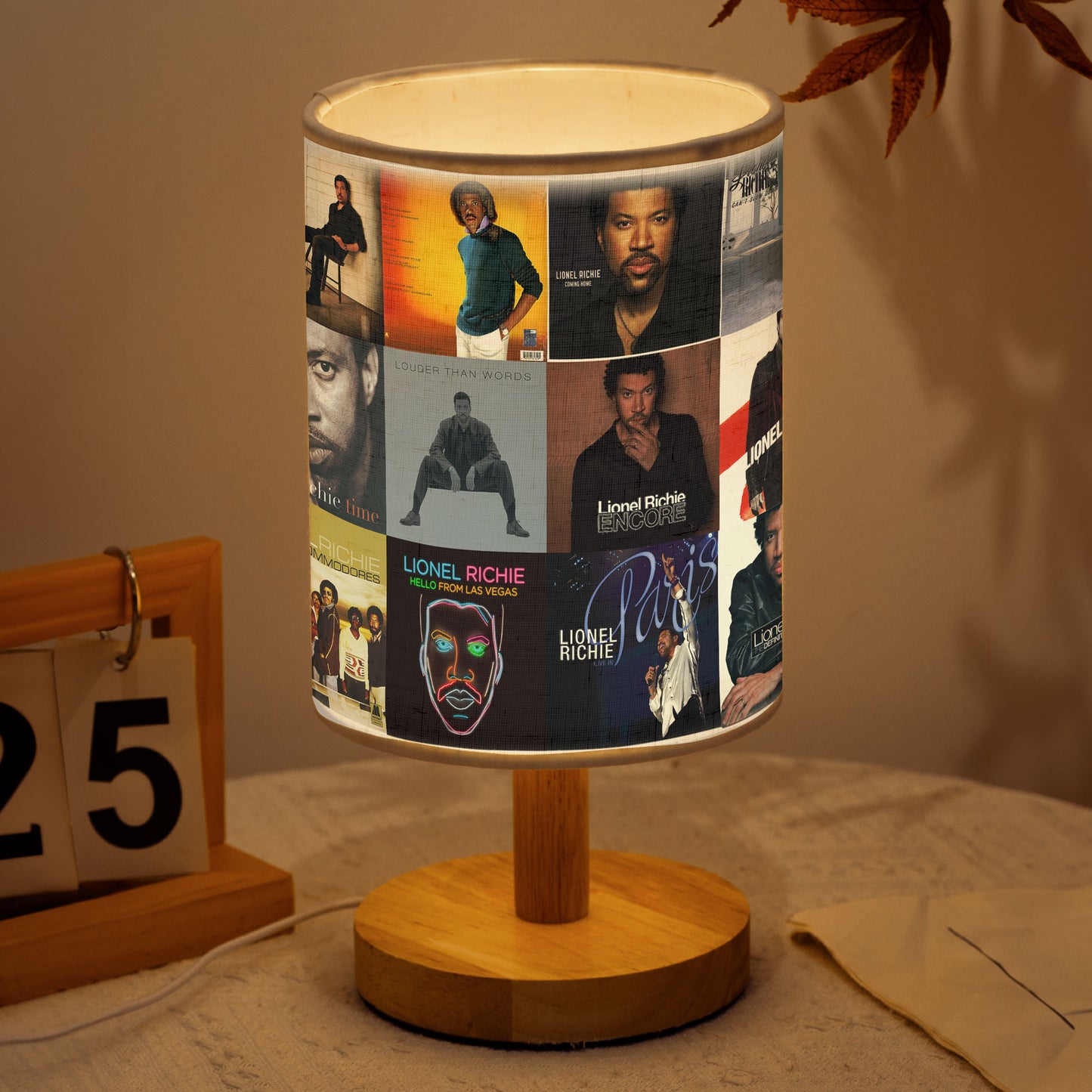 Lionel Richie Album Cover Collage Lamp - 80s Soul R&B Music Decor with Wood Base