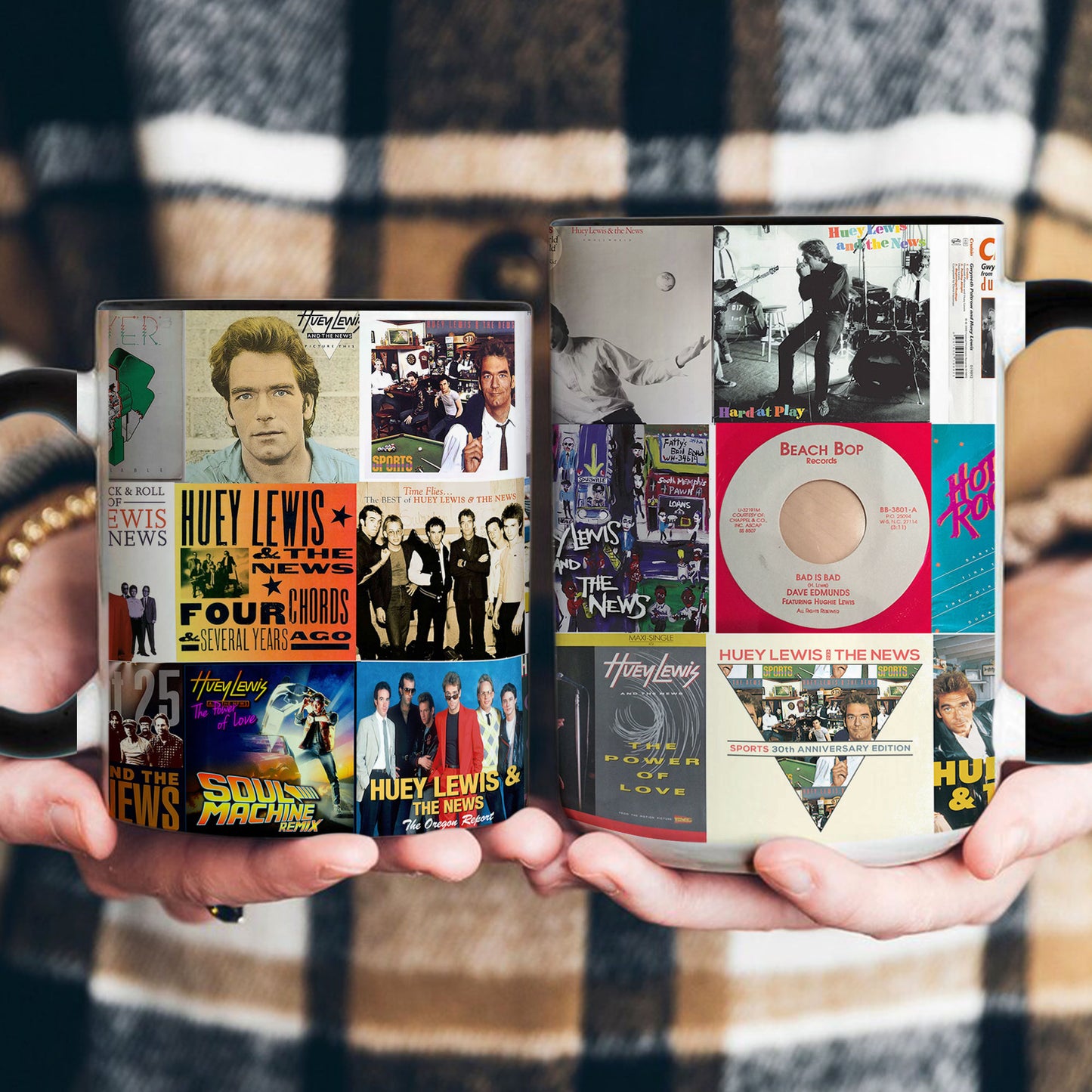 Huey Lewis & The News Accent Mug – Classic Rock Hits Album Collage Gift