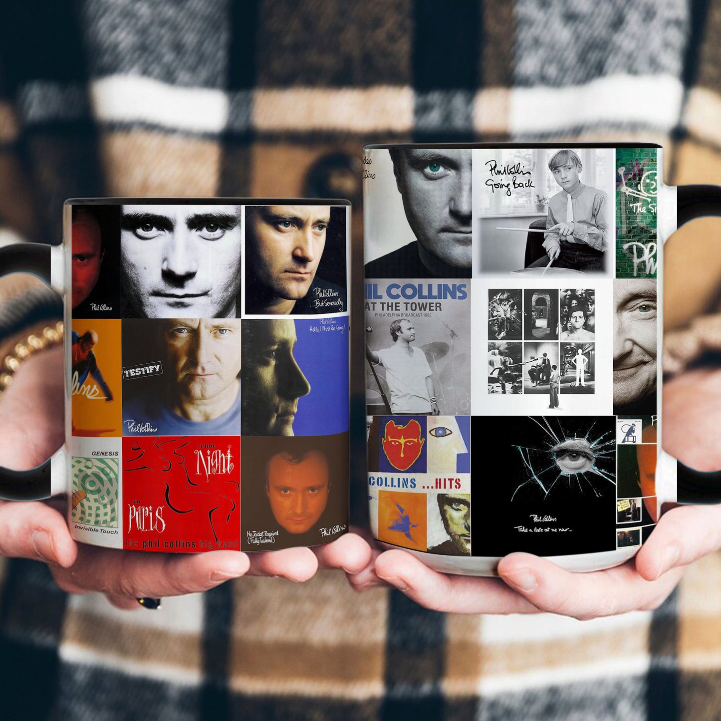 Phil Collins Accent Mug – Timeless Pop & Rock Album Collage Gift