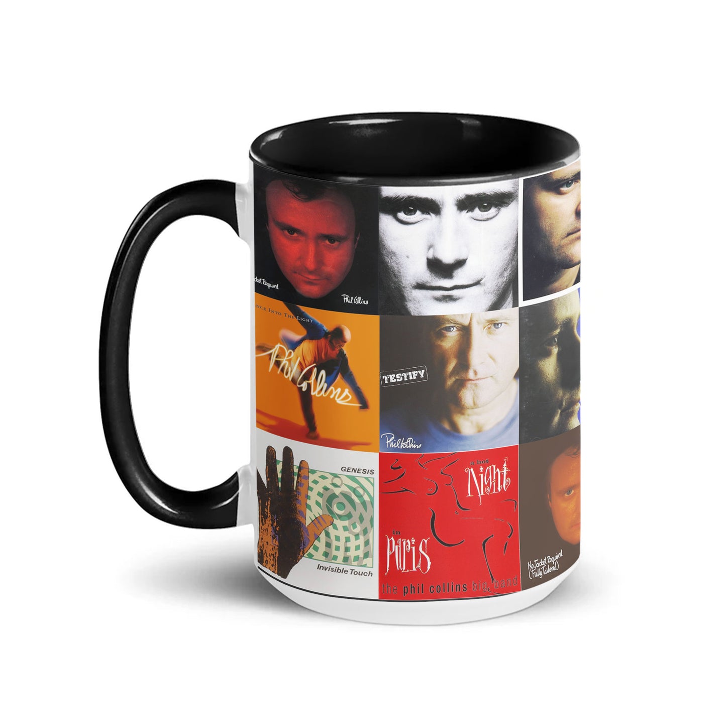 Phil Collins Accent Mug – Timeless Pop & Rock Album Collage Gift