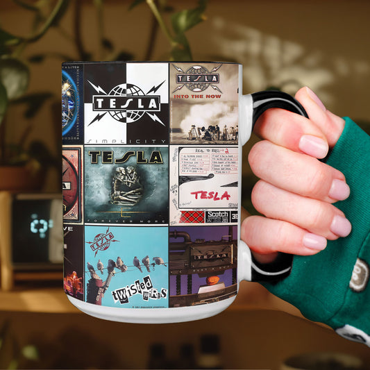 Tesla Band Accent Mug – Iconic Album Cover Collage Gift for Rock Fans