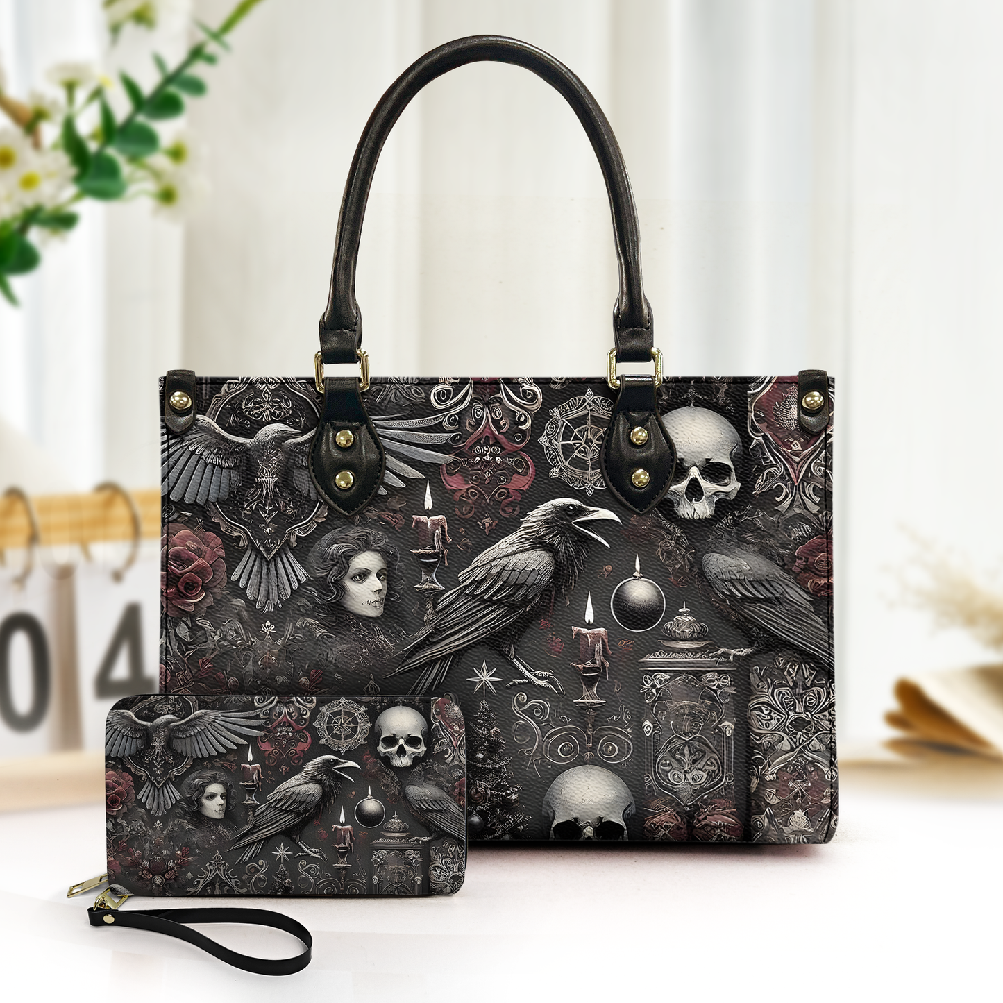 Gothic Raven & Skull Leather Handbag & Wallet Set – Dark Elegance