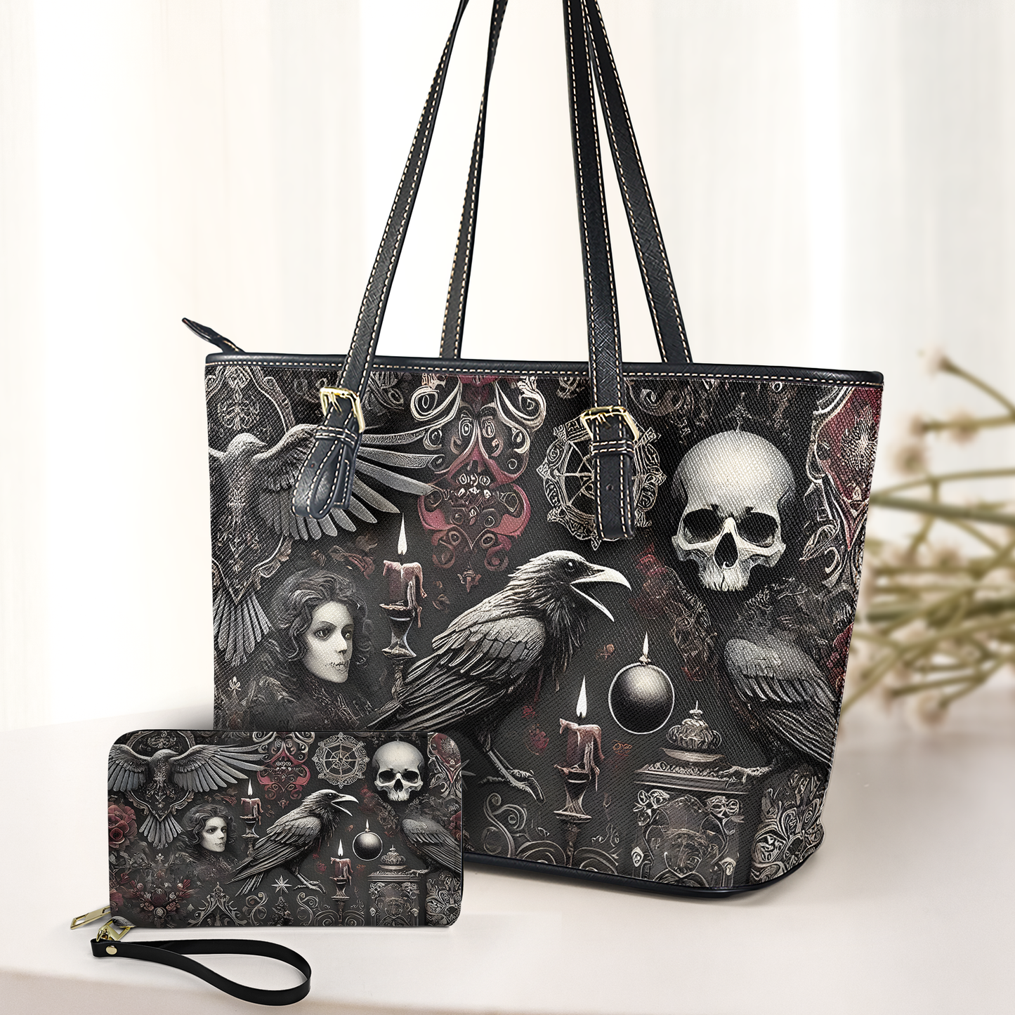 Gothic Raven & Skull Leather Handbag & Wallet Set – Dark Elegance