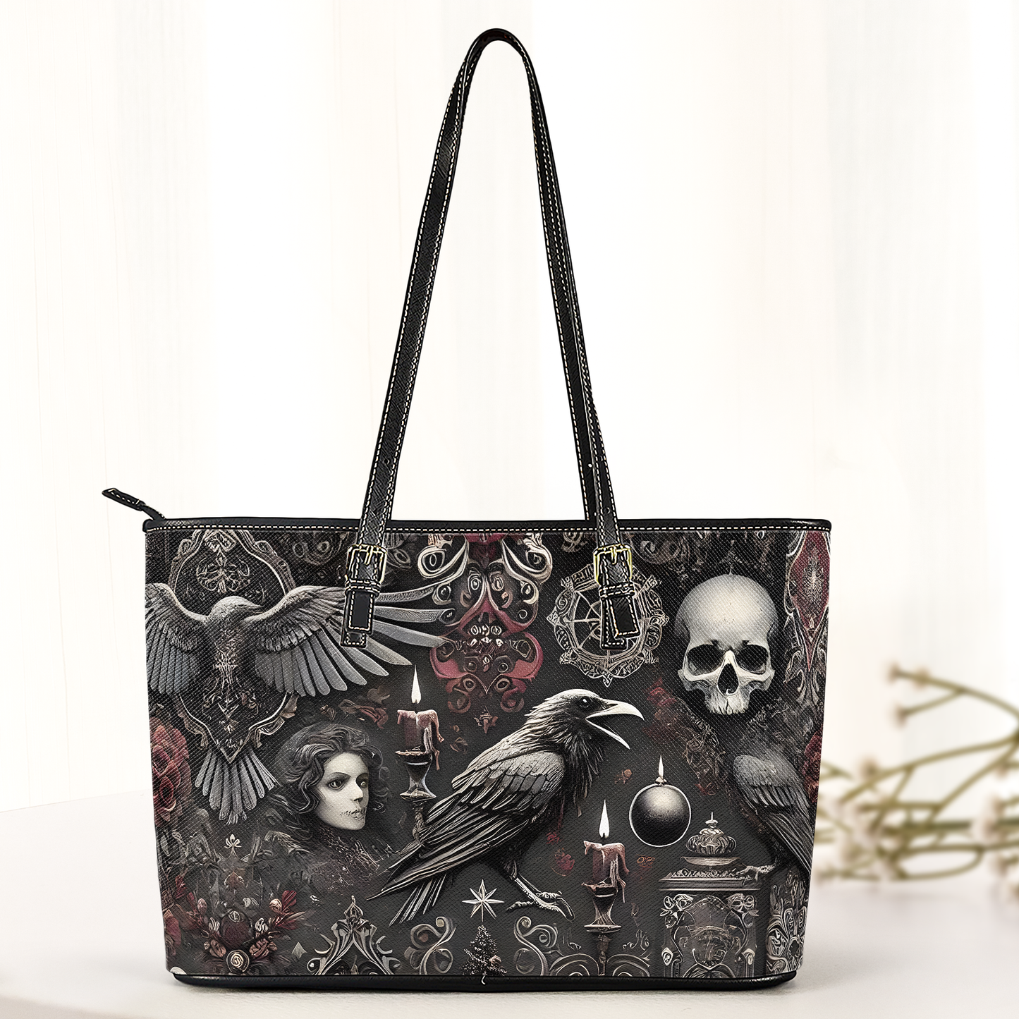 Gothic Raven & Skull Leather Handbag & Wallet Set – Dark Elegance