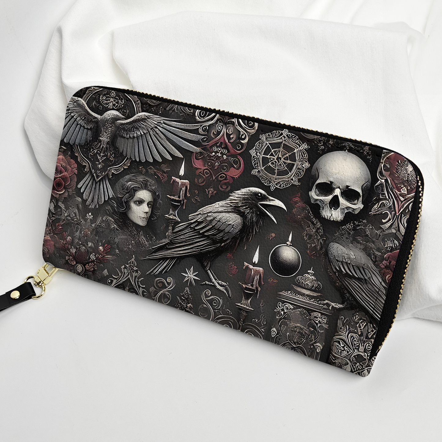 Gothic Raven & Skull Leather Handbag & Wallet Set – Dark Elegance