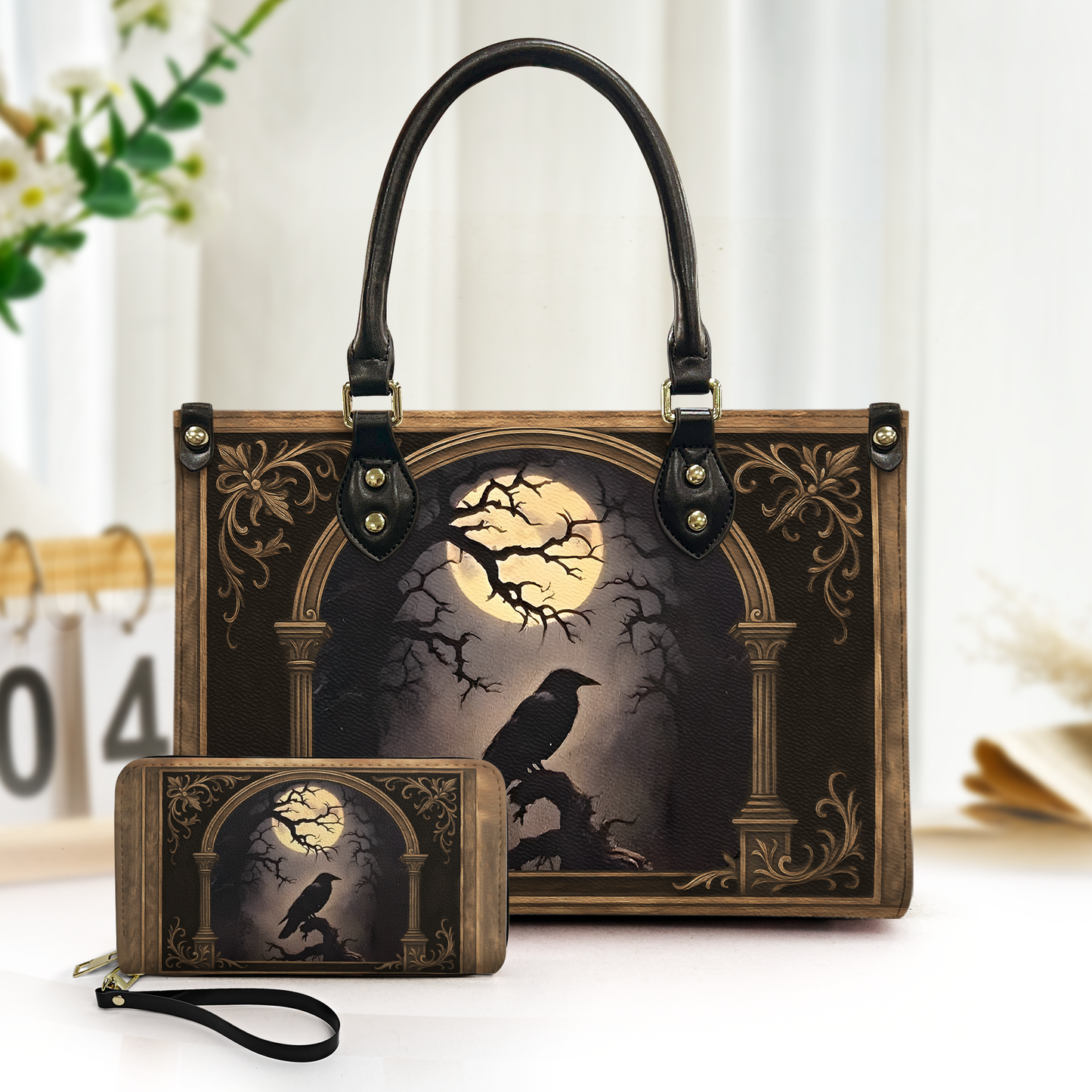 Raven Grimoire Leather Journal – Gothic Leather Handbag & Wallet Set