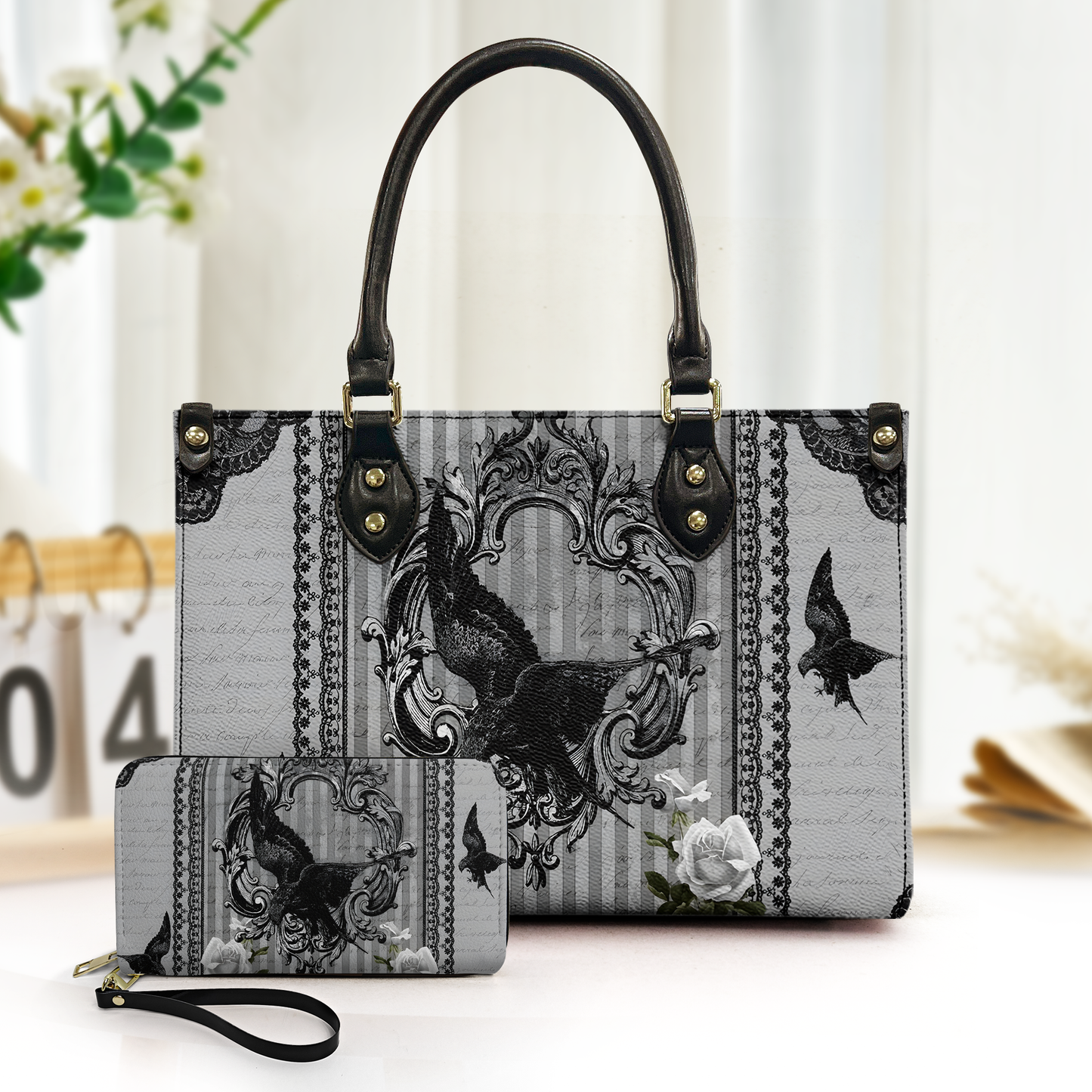 The Raven Gothic Leather Handbag & Wallet Set – Whispers of Poe’s Midnight